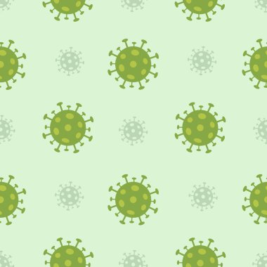 Covid-19 kusursuz desen. Açık yeşil arkaplanda yeşil virüs hücreleri var. Arkaplan, duvar kağıtları, hikayeler, tasarımlar, bilgi grafikleri için vektör simgeleri tekrarlanıyor.