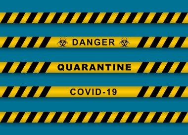 Tasarım, pankart, reklam ve sosyal medya için covid-2019 çizgileri uyarısı. Sarı ve siyah çizgili taşıyıcı uyarılar. Tehlike, biyolojik tehlike, koronavirüs, karantina, önleme.