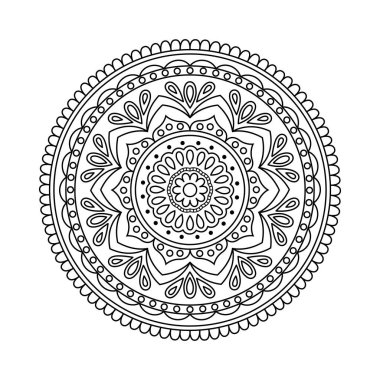 Mandala boyama için. Dekoratif elementlerle yuvarlak desen. Kitap, tasarım, illüstrasyon, oyunlar, rahatlama ve meditasyon için dekorasyon.