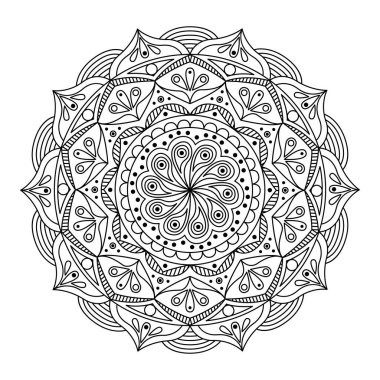 Boyama için vektör mandala. Dekoratif elementlerle izole edilmiş yuvarlak desen. Kitap, tasarım, illüstrasyon, oyunlar, rahatlama ve meditasyon için dekorasyon.
