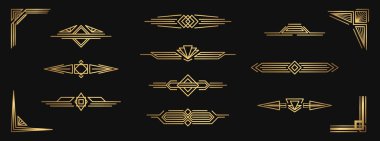 Altın dekoratif elementler seti. Tasarım için izole sanat deco çerçeveleri ve sınırlar
