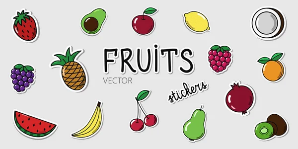 Set Vector Fruit Berry Stickers Collection Cartoon Elements Shadows Grey — Stock Vector