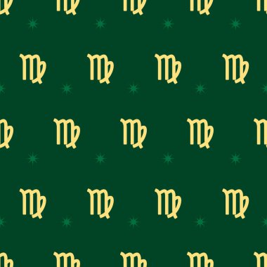 Zodiac kusursuz altın desenli. Yeşil arka planda yıldızlar olan başak işareti tekrarlanıyor. Vektör burcu sembolü