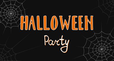 Cadılar Bayramı parti taşıyıcı pankartı. 31 Ekim 'de el yazısıyla yazılmış mektuplar. Siyah arkaplanda örümcek ağıyla renkli harfler.