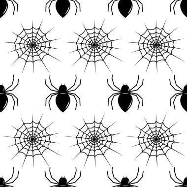 Siyah örümcek ve örümcek ağı deseni. Cadılar Bayramı için tekrarlanan düz vektör simgesi.