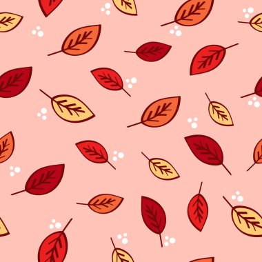 Renkli yapraklarla dikişsiz sonbahar deseni. Çizgi film tarzında tekrarlanan illüstrasyon.