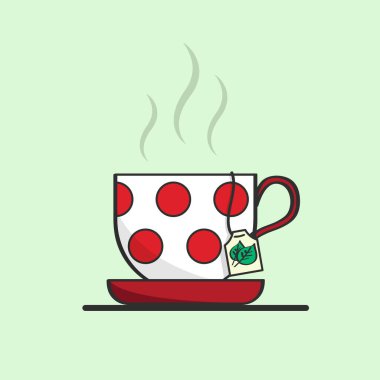 Isolated vector cup of tea on the light green background. White cup with red dots. Cup with with hot liquid inside and a tea bag lable. Cartoon icon for illustration clipart