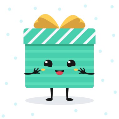 Vektör çizgi filmi, şirin yüzlü mutlu hediye kutusu. Beyaz zemin üzerinde kar taneleriyle izole edilmiş duygusal düz karakter.