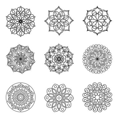 9 vektör mandala hatları kümesi. Renkler için izole yuvarlak desenler. Renkli sayfalar.