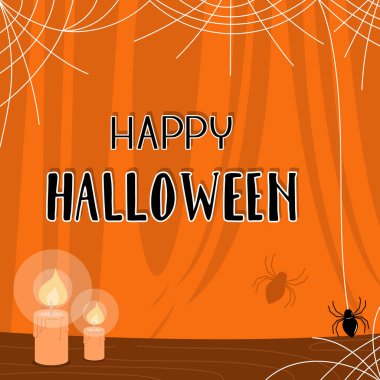 Mutlu Cadılar Bayramı vektör pankartları. Turuncu örtülü arka planda elle çizilmiş harfler. Beyaz örümcek ağı ve siyah örümcek ve yanan mumlar..