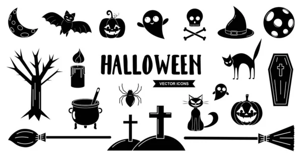 Conjunto Iconos Vectoriales Halloween Colección Pictogramas Navideños Negros Letras Halloween — Vector de stock