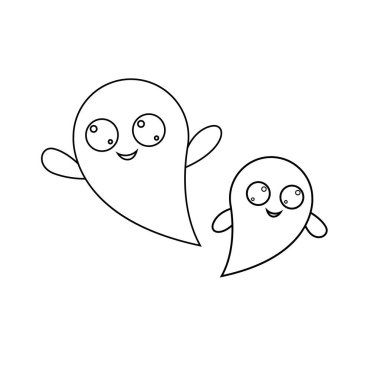 Çizgi film tarzında iki vektör hayalet. Boyama için Cadılar Bayramı karakterleri. Büyük gözlü iki hayaletin silueti..