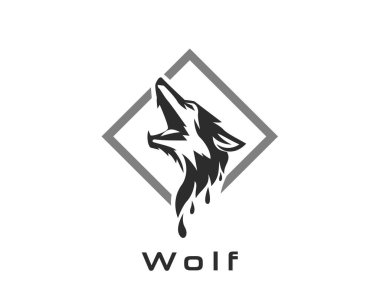 Kare çizgi logosu içinde zarif, gürleyen baş kurt, sembol tasarımı illüstrasyonu
