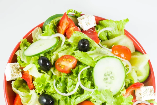 Salada Legumes Prato Tomates Salada Verde Queijo Limão Azeitona Outros — Fotografia de Stock