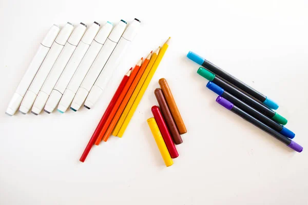 Duża Grupa Atrybutów Rysunku Duża Grupa Ołówków Długopisów Markerów Rynki — Zdjęcie stockowe
