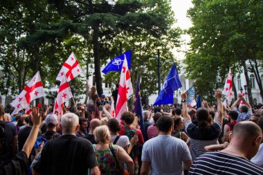 TBILISI, GEORGIA - 08 Temmuz 2019: Gavrilov 'un Gecesi veya hükümet karşıtı protestolar olarak da bilinen Gürcistan Parlamentosu önündeki protestolar