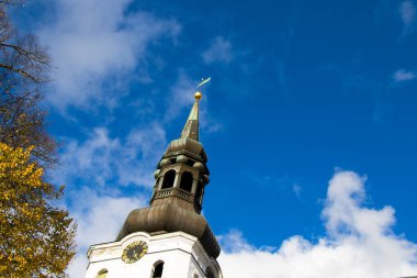 TALLINN, ESTONIA - 20 Ekim 2017: Tallinn 'deki bina ve mimari dış görünüş, renkli eski tarz evlerin çatıları.