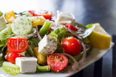 Domatesli, peynirli, sebzeli ve yeşil salatalı vejetaryen salatası. Stüdyo çekimi.