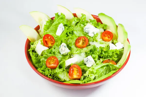 Salada Vegetariana Com Tomate Queijo Alface Legumes Tigela Vermelha Delicar — Fotografia de Stock