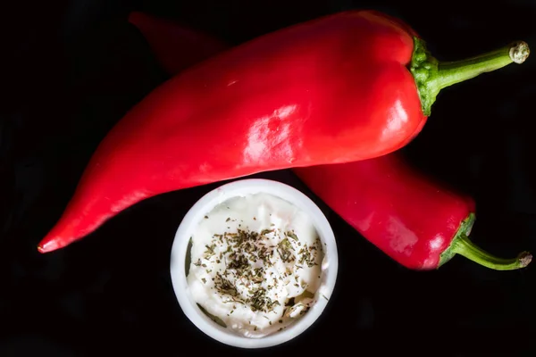 Vegetables Table Two Red Pepper Souse Black Background Studio Shoot — Stock Photo, Image