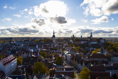 Tallinn 'in şehir manzarası. Eski Tallinn kasabasındaki binalar ve mimari dış görünüş, renkli eski tarz evler. Panoramik manzara. Estonya mimarisi.