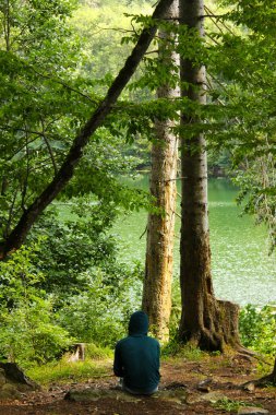 Dağ manzaralı bir yürüyüşçü, dağdaki genç bir sırt çantalı. Gürcü doğası. seyahat sahnesi.