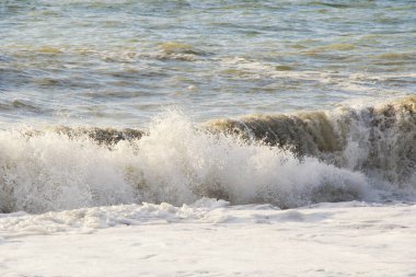 Deniz ve dalgalar, fırtınalı hava, Batumi, Georgia 'da dalgalar ve sıçramalar. Fırtınalı Karadeniz. Su arkaplanı.