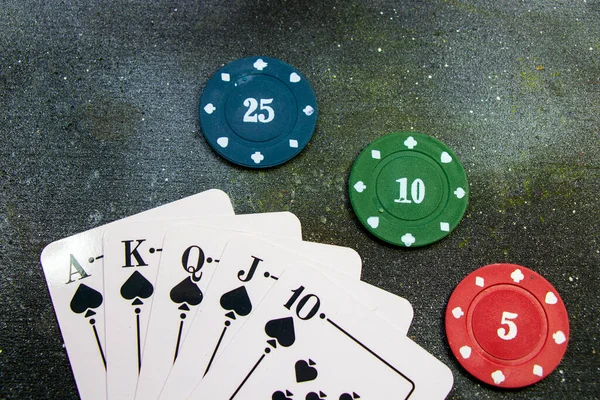 Scala Reale Poker Blackjack Carte Fiches Tiro Studio — Foto Stock