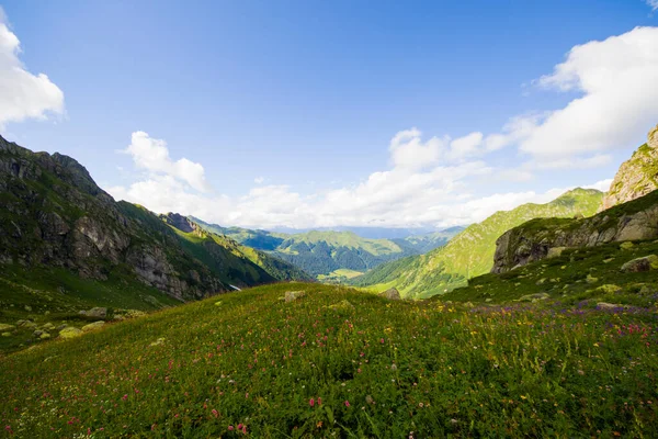Paisaje Vista Las Montañas Svaneti Georgia Vacaciones Verano Trekking —  Fotos de Stock