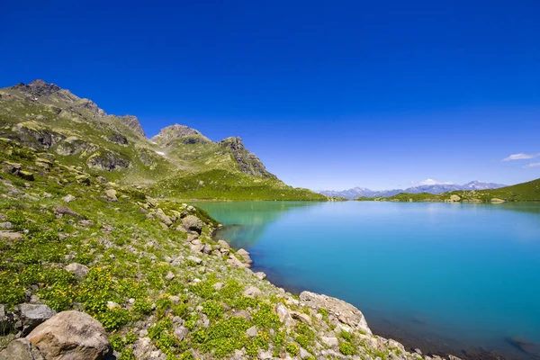 佐治亚州斯瓦内特市Okhrotskhali高山湖景与景观 蓝色美丽迷人的湖泊全景 广角镜头景观与山地倒影 — 图库照片