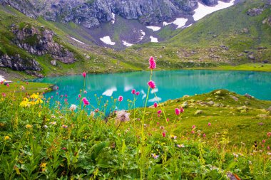 Alp Dağı gölü manzarası ve manzarası, mavi güzel ve şaşırtıcı göl manzarası, geniş açı mercek manzarası ve Svaneti, Georgia 'daki Okhrotskhali' de dağ yansımaları..