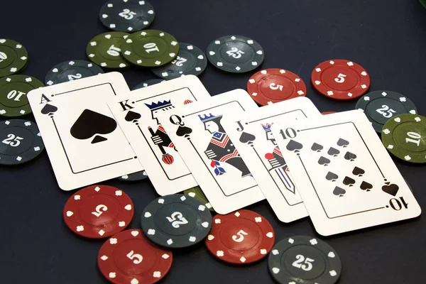 Royal flush cards. Card game, cards on the table. Poker and blackjack, play cards.