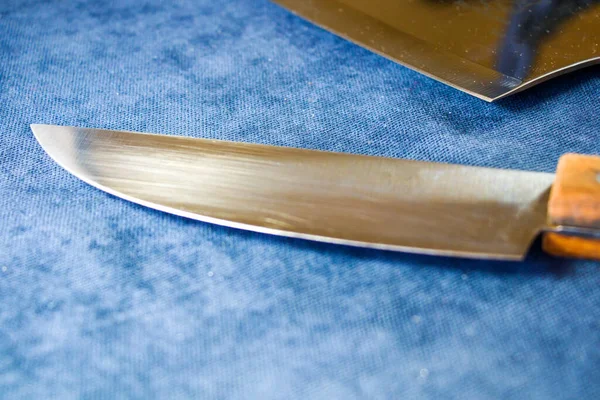 Collections Couteaux Cuisine Sur Fond Bleu Outils Instruments Cuisine — Photo