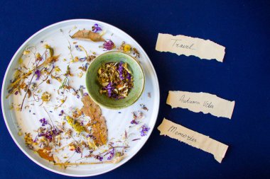 Sonbahar titreşimleri, kurumuş bitkiler ve mavi arka plandaki tabakta çiçek, stüdyo çekimi.