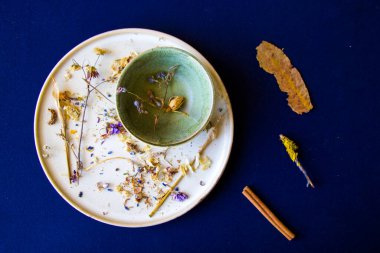 Sonbahar kurutulmuş bitkiler ve mavi arka planda bir çiçek, stüdyo çekimi.