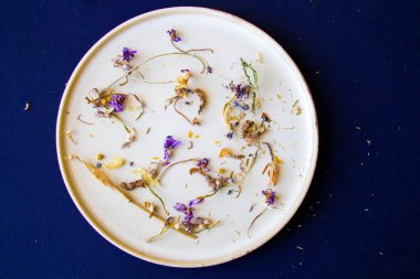 Sonbahar kurutulmuş bitkiler ve mavi arka planda bir çiçek, stüdyo çekimi.