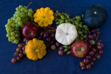 Sonbahar ve sonbahar hasadı, balkabağı, elma, üzüm ve pattison mavi arka planda.