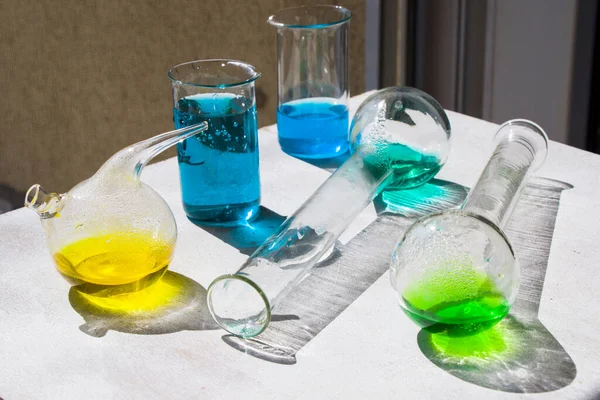 Laboratory Glassware Colored Reagents Sunlight Shadows — Stock Photo, Image