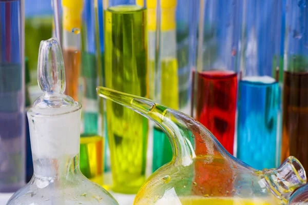 Laboratory Instruments Glassware Reagents Colorful Liquid Chemical Elements Research Diagnoses — Stock Photo, Image