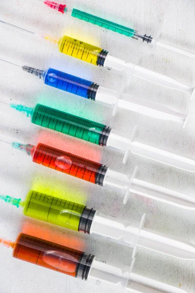 Multicolored Colorful Medical Needle Chemical Drugs Vaccine — Stock Photo, Image