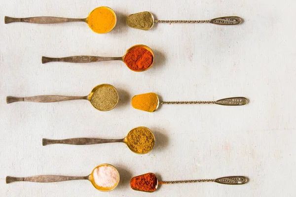 Variation Spices Vintage Silver Spoons All Spices Table Colorful Food — Stock Photo, Image