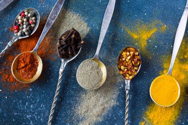 Eski gümüş kaşıklardaki baharat çeşitleri, masadaki tüm baharatlar, renkli yemek arkaplanı.