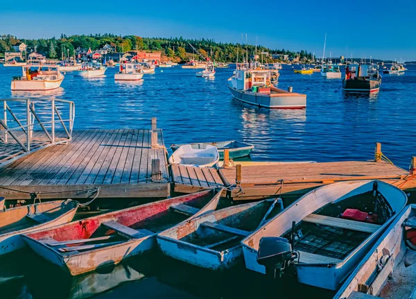 Row boats are tied to a wood wharf in front of fishing boats in New England\'s Bass Harbor, Maine. USA.  Last light of the day brings a glow to them all.
