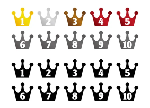 Classifica Corona Set Icona Dal Primo Decimo Posto — Vettoriale Stock