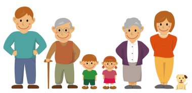 Mutlu aile vektörü illüstrasyonu / büyükanne ve büyükbabasıyla