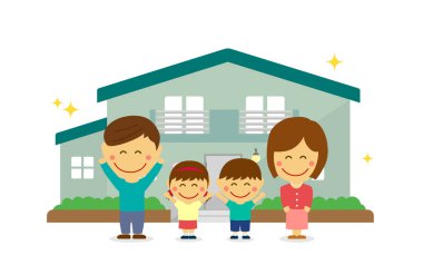 Mutlu aile (Asyalı) ve yeni ev. düz vektör llüstrasyonu (yeni inşa edilen ev).