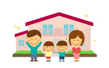 Mutlu aile (Asyalı) ve yeni ev. düz vektör llüstrasyonu (yeni inşa edilen ev).