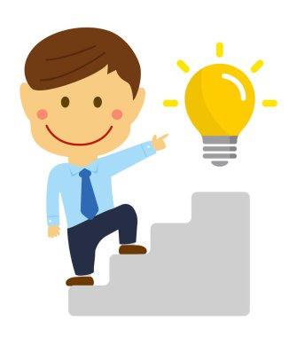 Deforme olmuş karikatür işadamı çizimi merdivenlerden yukarı çıkarken iş yeniliklerini hedefliyor (Asyalı işçiler)