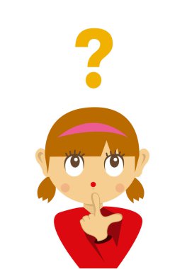 Çizgi filmdeki genç kadının bir soru vektör çizimi var.