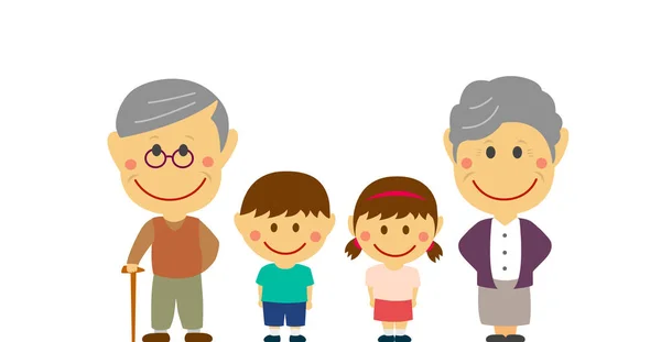 変形した漫画の家族 祖父母と孫 フラットベクトルイラストが並ぶ アジアの家族 — ストックベクタ